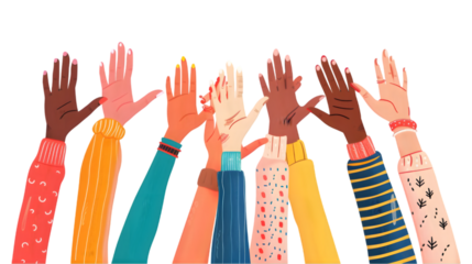 an illustration of diverse hands together isolated on a transparent background