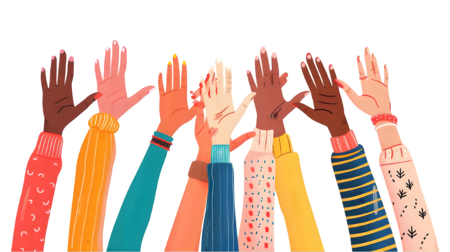 an illustration of diverse hands together isolated on a transparent background