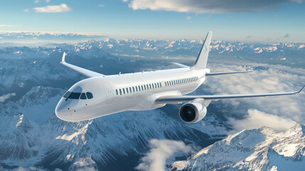 Naklejka premium A sleek airplane glides gracefully amidst the clouds, its wings reflecting the warm hues of twilight. Snowy peaks provide an enchanting backdrop, embodying the spirit of exploration and travel