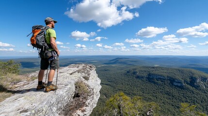 Fototapeta premium Hiker on mountaintop overlooking vast valley.