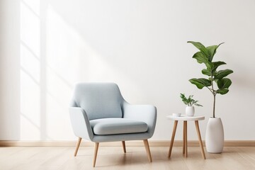 Minimalist living room light blue armchair wooden legs tripod side table