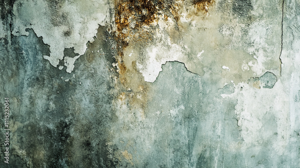Poster weathered concrete wall texture with peeling paint and rust patterns in urban setting