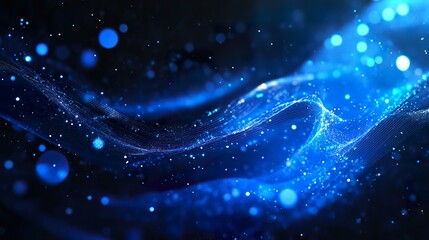 Abstract blue energy wave with glowing particles on dark backgro