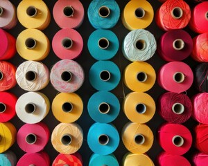 Fototapeta premium Colorful spools of sewing thread neatly arranged in rows, showcasing a vibrant palette perfect for crafting and tailoring projects. Textile and crafting concept.