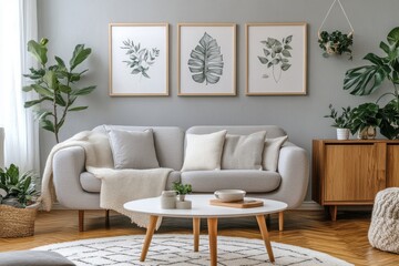 Naklejka premium Minimalist Scandinavian living room light gray sofa white coffee table wooden sideboard