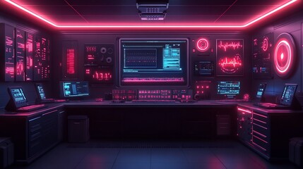 Obraz premium Futuristic Workspace with Holographic Technology and Data Analytics Displays