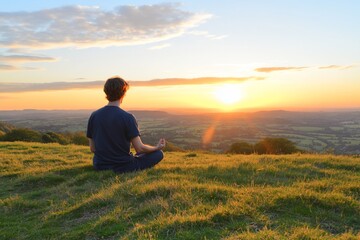 Man meditating at sunset on a hilltop.