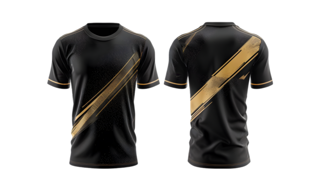 black sports t-shirt with gold pattern, jersey mockup design with front and back views isolated on a transparent background