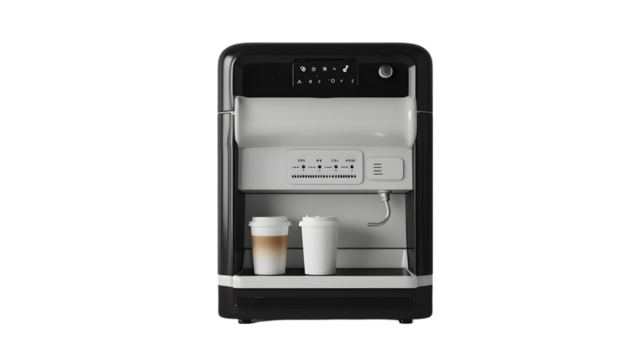 Blank black and white coffee vending machine mockup, side view isolated on a transparent background
