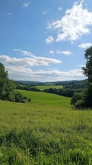 Fototapeta premium Vast green fields stretch across the landscape, kissed by the warm sun on a lovely summer day. Fluffy clouds drift lazily in a brilliant blue sky, enhancing the serene atmosphere