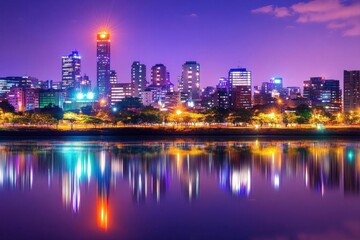 Obraz premium Vibrant city skyline at night with reflections on water.