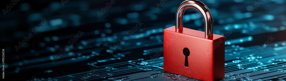 Poster red padlock symbolizes security on digital background, representing data protection and encryption