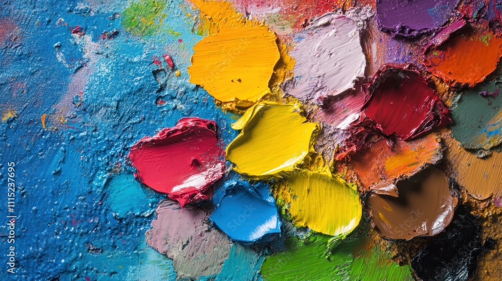 Poster a close-up of vibrant paint blobs on a palette, showcasing color blending and artistic expression.