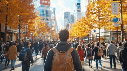 Obraz premium Iconic Shibuya Crossing packed with people, tourists capturing the moment with cameras