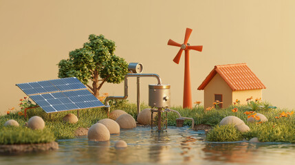Renewable Energy Green Technologies concept. Solar powered irrigation system with wind turbine and house