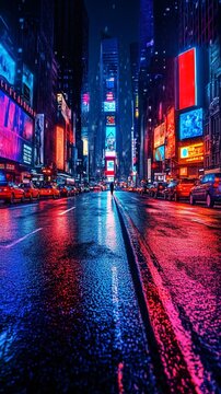 cyberpunk futuristic street, night, seen from a POV standing in the center of the road, two colors tone.