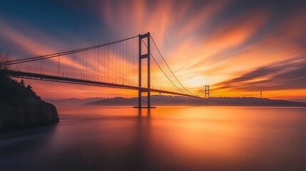 Obraz premium Sunset view of the Bosphorus Bridge in Istanbul, blending continents and cultures