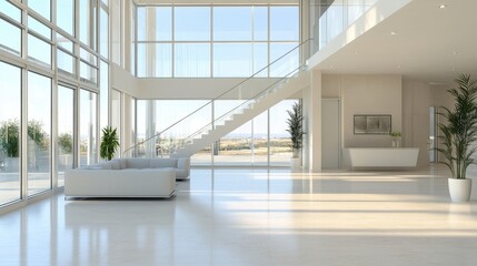 Obraz premium Modern Minimalist Home Interior Design with Panoramic Views Luxurious Spacious Open Floor Plan White Walls Glass Windows