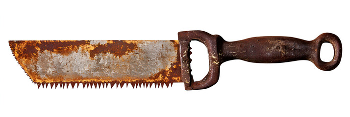 Rusty Vintage Saw on White Background, Displaying Weathered Handle and Blade, Perfect for Crafts, DIY Projects, or Historical Illustrations and Designs