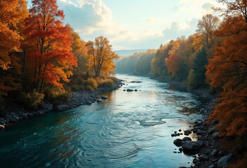 River landscape and green forest with trees blue water clouds on sky 