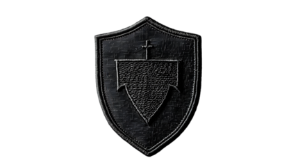 Blank black and white shield embroidered patch mockup, top view isolated on a transparent background