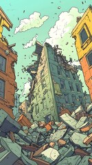 Obraz premium A depiction of a damaged urban landscape with crumbling buildings and debris.