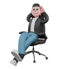Cartoon Cameraman Design in Creative Style Artwork 3D. A male cameraman is sitting on a black chair slightly facing to the right side with both hands behind his head . Illustration