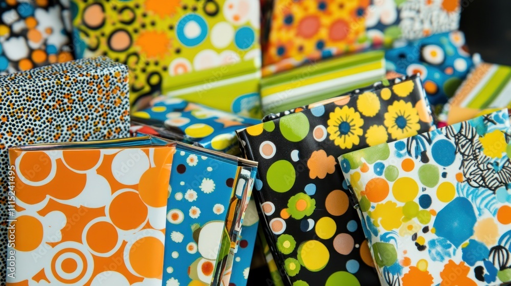 Aufkleber a collection of colorful notebooks with various patterns and designs stacked together.