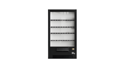 Blank black and white vending machine mockup, front view isolated on a transparent background