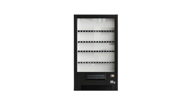 Blank black and white vending machine mockup, front view isolated on a transparent background