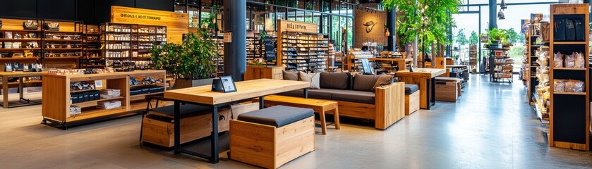 Modern Retail Store Interior with Wooden Furniture and Shelving.