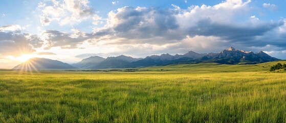 Obraz premium Sunset over vast grassland with majestic mountain range.
