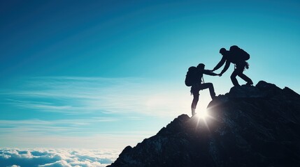A powerful scene captures two climbers silhouetted against the sky, one helping the other ascend a steep mountain peak, symbolizing teamwork, determination, and adventure