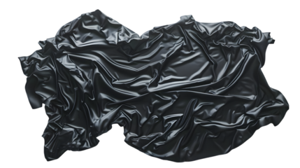 Blank black crumpled t-shirt mockup flat lay, dark background isolated on a transparent background