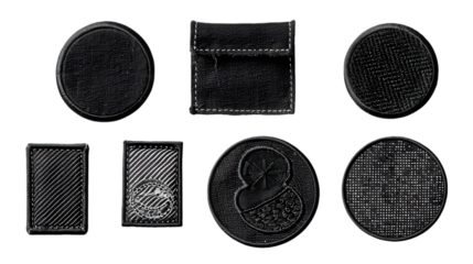 Blank black embroidered patch mock up, different types, top view isolated on a transparent background