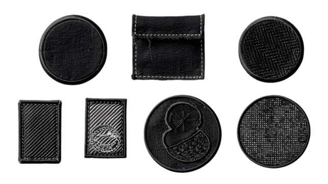 Blank black embroidered patch mock up, different types, top view isolated on a transparent background