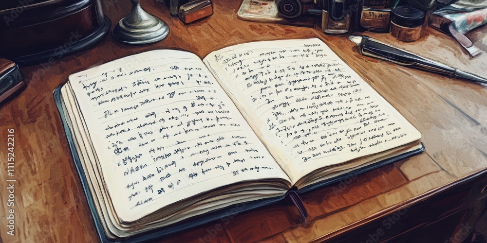 Poster an open notebook filled with handwritten notes on a wooden desk.