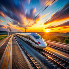 Fototapeta premium a highspeed train blurring past on tracks at sunset