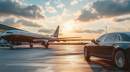 Business class transfer service at the airport. Private executive airplane and luxury car, Airport shuttle
