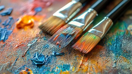 Fototapeta premium Close-up of colorful paintbrush strokes on a textured canvas