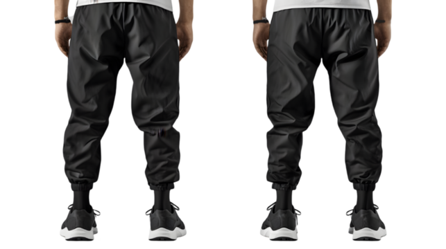 Blank black man pants mockup, front and back view isolated on a transparent background