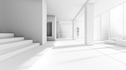 Fototapeta premium Modern Minimalist White Architecture Interior Design: Spacious Open Plan with Sunlight Streaming Through Large Windows