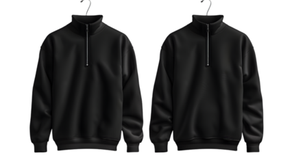 Blank black quarter zip sweater mockup, front and back view isolated on a transparent background