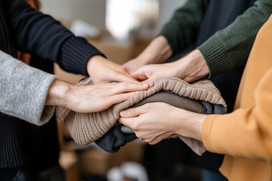 Volunteers hands holding donated clothes.