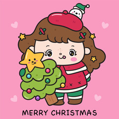 Naklejka premium Christmas girl Santa kid hug cute xmas tree cartoon
