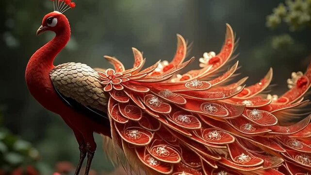 a megestic peacock with peral and diamond ornaments woven into tail feathers gracefully with long tail and a beautifuk dark garden background and the colour of beacock is blood red and golden
