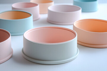 pastel pink and blue ceramic bowls on white background