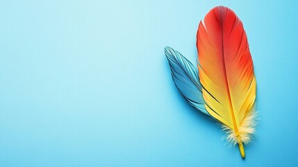 Two vibrant bird feathers on a light blue background.