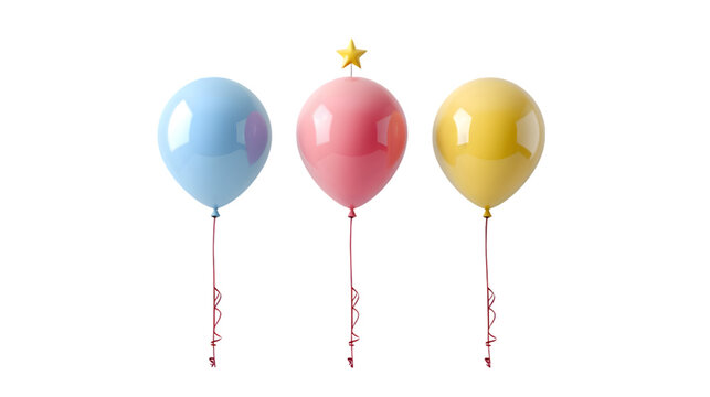 Blank colored round and star balloon flying mockup, front view isolated on a transparent background