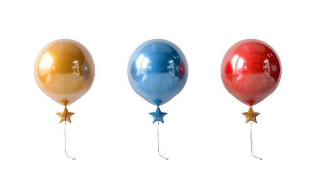 Blank colored round and star balloon flying mockup, front view isolated on a transparent background